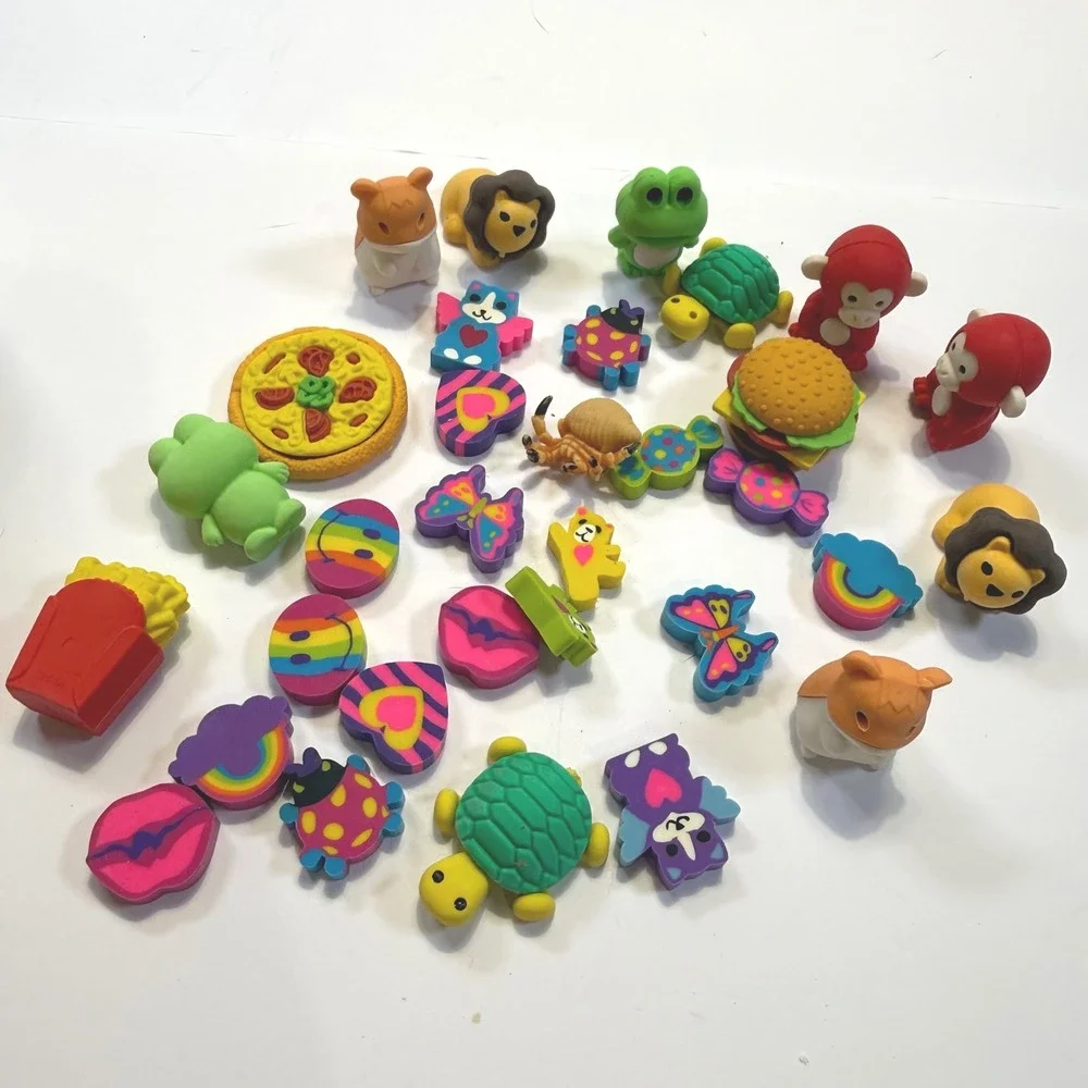 Novelty Eraser Lot 30+ Pc Animals Food Rainbows 3D Puzzle Erasers with Jar